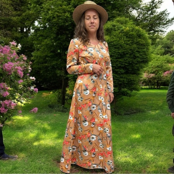 Vintage Floral Satin Boho Maxi Long Sleeve Dress Flowery Fall Dress Neutral - Picture 1 of 13